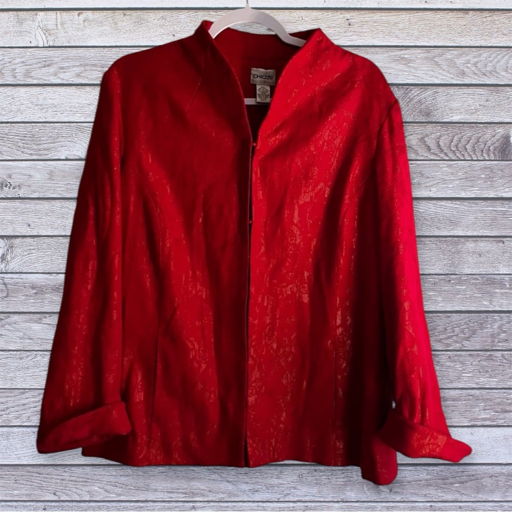 Chico’s red button up blazer with gold accents size 2